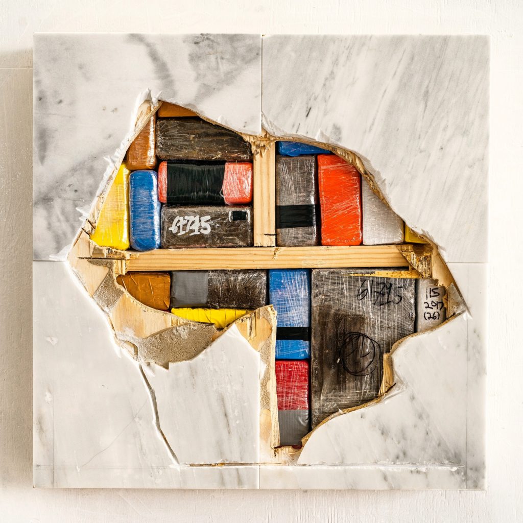 Chapels (marble, earth (AMC Charleston SC church shooting), plastic packaging, wood). Image courtesy the artist.