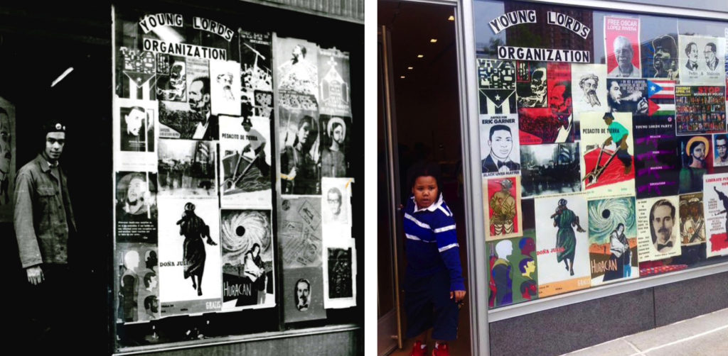 Recreation of the original storefront window of the Young Lords Party in East Harlem, 2015 Hunter East Harlem Gallery Left: Juan Gonzalez at the original headquarters of the Young Lords Party in East Harlem, 1969, by Hiram Maristany ©. Courtesy the artist. 