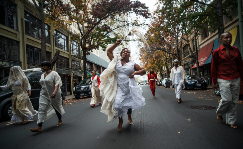 House/Full of Blackwomen Episode: "We Are Here To Stay," a ritual procession on the streets of downtown Oakland in honor of Home-fullness, November 2015. Photo by Robbie Sweeny.