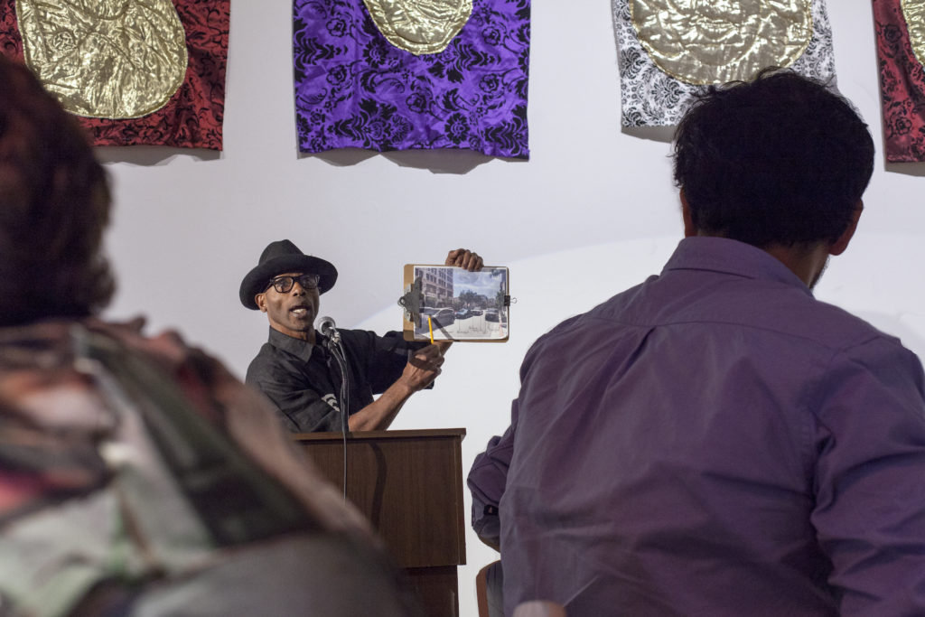 Walter Fears performing in "What Fuels Development?" at the ARMORY Center for the Arts, Pasadena, 2016. Photo by Monica Nouwens © Los Angeles Poverty Department.