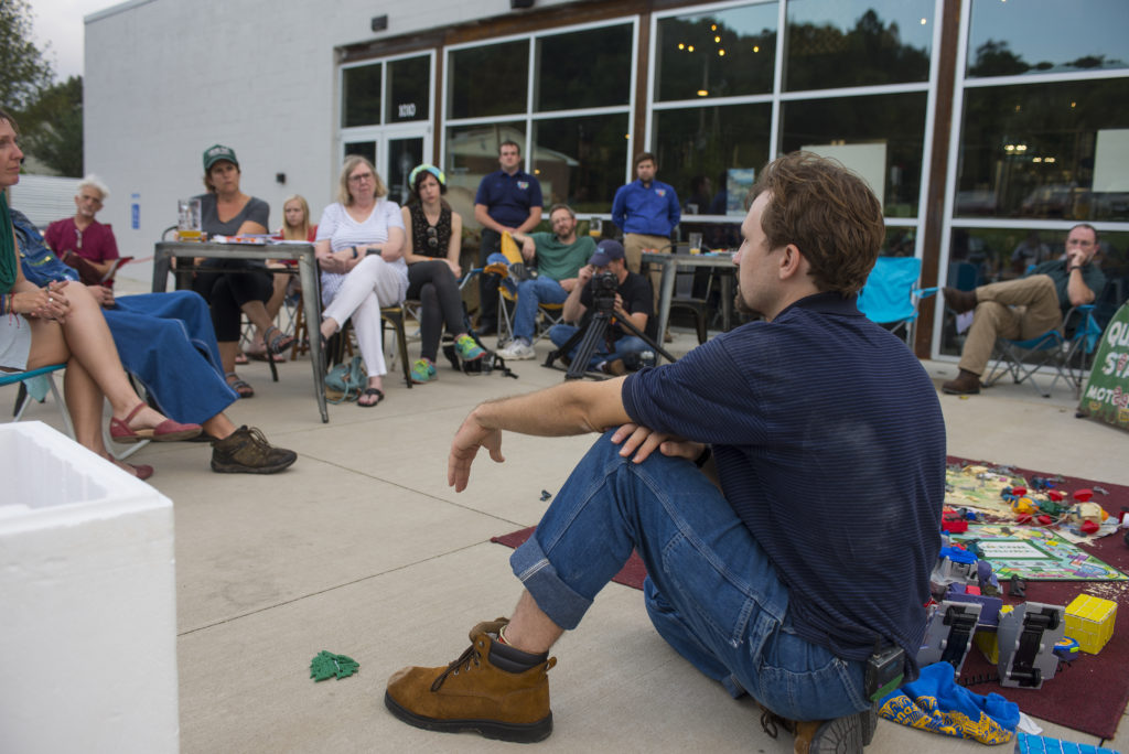 After a Civil War reenactment scene in Good Old Boys, actor Derek Roguski pauses the performance, held outside a local brewery, to facilitate a conversation with the audience about the impact the Civil War had on people in the region. Photo by Pat Jarrett.
