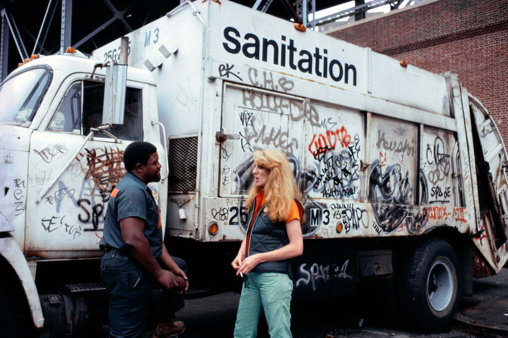 Mierle Laderman Ukeles Touch Sanitation Performance, July 24, 1979–June 26, 1980 Citywide performance with 8,500 Sanitation workers across all fifty-nine New York City Sanitation districts. Sweep 3, Manhattan 3. Photo by Robin Holland, date unknown Courtesy the artist and Ronald Feldman Gallery, New York