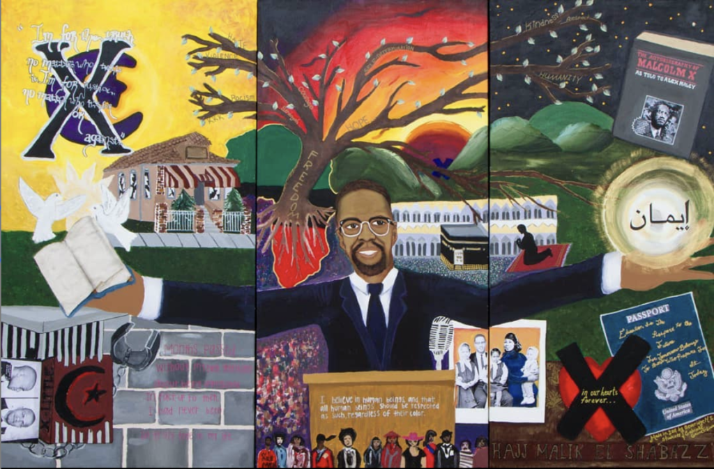 "Tribute to Hajj-Malik El Shabazz, Malcolm X," 3-panel mural created and exhibited in the MXMF Center, Omaha NE. Gabrielle Gaines-Liwaru and Beveridge Middle School students. Photo by Terrance Tryon.