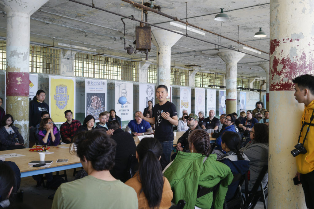 A roundtable discussion led by Future IDs collaborator and artist Kirn Kim as part of the series of public programs coinciding with the exhibition of ID-inspired artworks on Alcatraz Island. Photo by John Contreras.