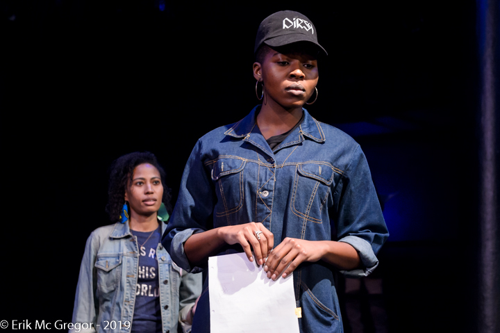 Cast members Ashley Jones and Marla Louissaint participate in a workshop for A Burning Church at the New Ohio Theatre in 2019. Photo by Erik McGregor, lighting by Katie Whittemore.