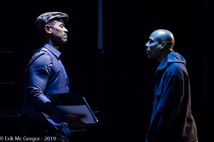 Cast members Nathan Hinton and Gary Vincent participate in a workshop for A Burning Church at the New Ohio Theatre in 2019. Photo by Erik McGregor, lighting by Katie Whittemore.