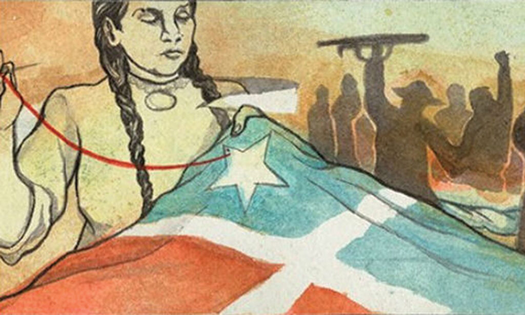 "End the Debt! Decolonize! Liberate Puerto Rico!" a hand-illustrated scroll over 170 feet long and 3 inches wide