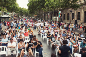 Gala Pin, the former councilor of citizen participation in the Barcelona City Council, leads an open meeting with residents in her district Ciutat Vella.