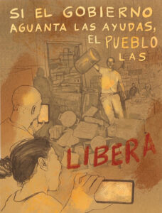 "Si el gobierno aguanta las ayudas, el pueblo las libera / If the government withholds aid, the people will free it," artists from AgitArte and Papel Machete and those in solidarity with Puerto Rico create artwork and posters that provide a counter narrative to contest the dominant and inaccurate media coverage of Puerto Rico and other working-class struggles around the world.